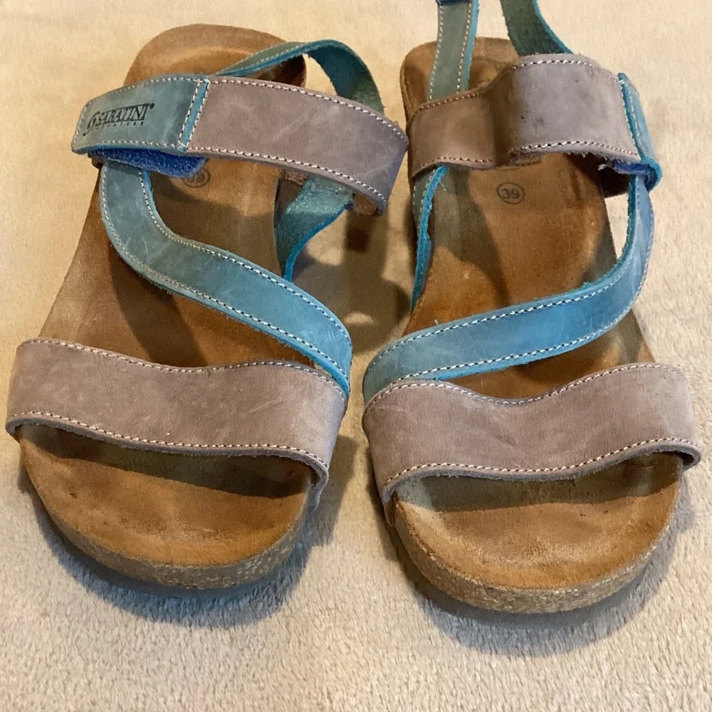 SABATINI Calzature Beige/Light Teal Leather Wedge Sandal, Women EU 39/US 8/UK 6